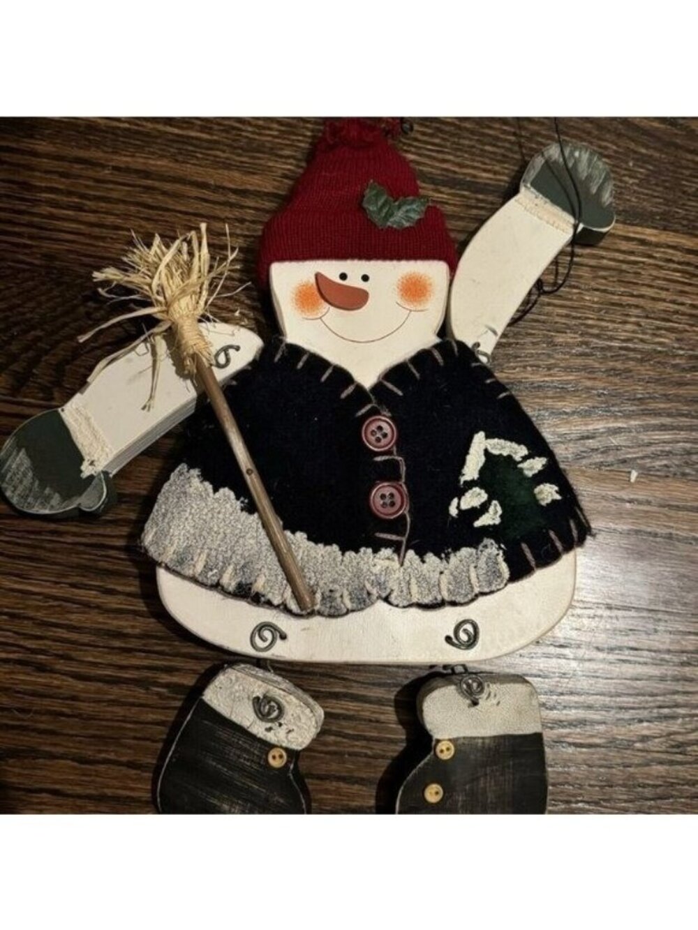 Vintage 90s Folk Art Holiday Snowman Door Hanging Jing-a-ling Rustic Christmas